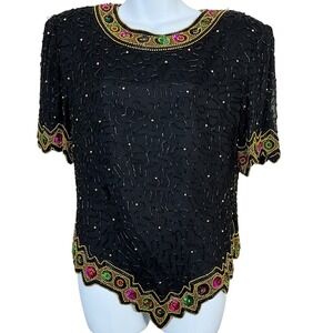 Vintage 80's Laurence Kazar Heavy Beaded Sequin Evening Wear Top Size XXL‎